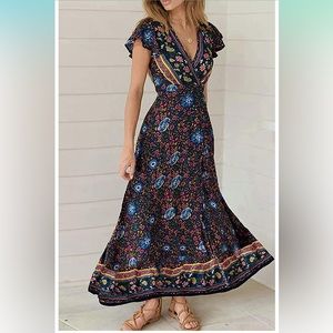 ZESICA Women's Bohemian Floral Printed Wrap V Neck Maxi Dress